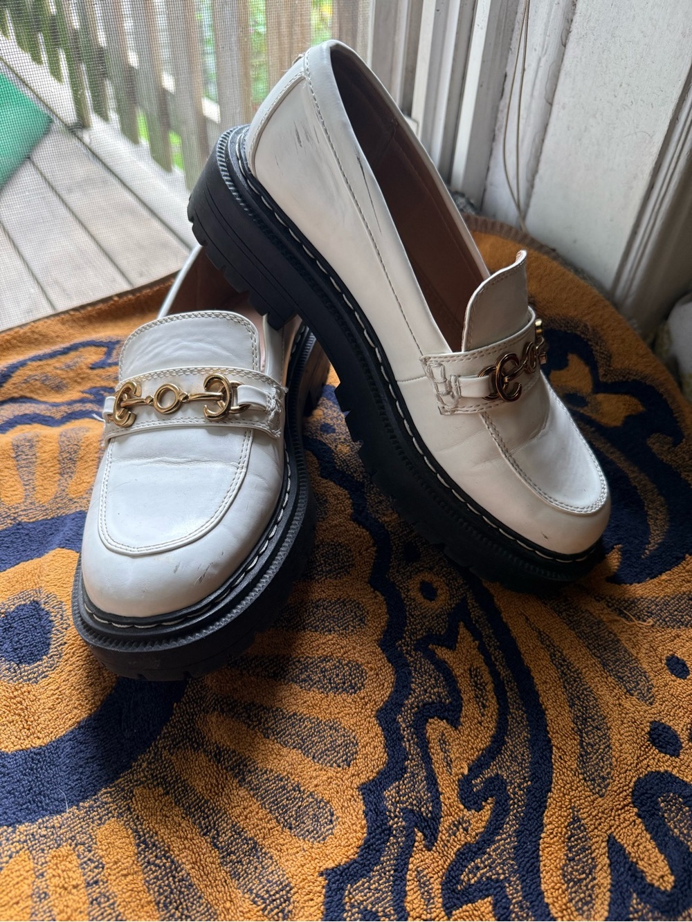 White Circus Platform Loafers with Gold Chain Accent